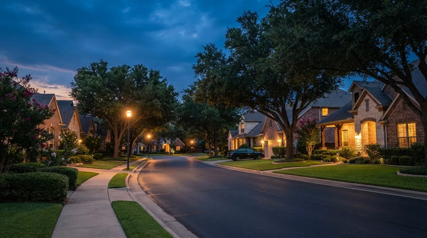 A quiet residential street at dusk, like the neighborhoods served in Dallas